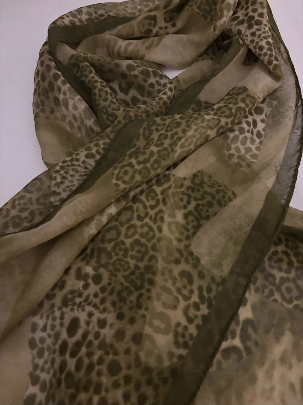 Vintage Green Brown Leopard Animal Print Thin Oblong Silk Scarf 62” Y2K